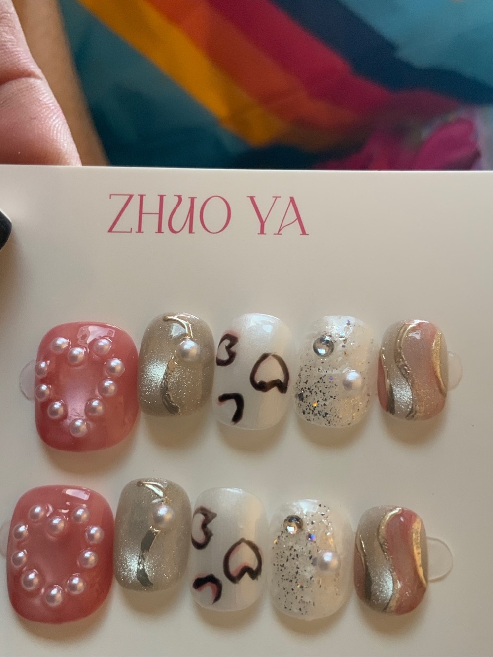 CUSTOM MADE L 1.0 Pink Pearl & Metallic Accent & HEARTS Press-On Nails